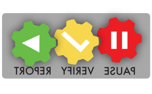 The 'Pause Verify Report' logo, consisting of a red gear with a pause sign, a yellow gear with a checkmark, and a green gear with a play sign, and the words 'PAUSE VERIFY REPORT' underneath